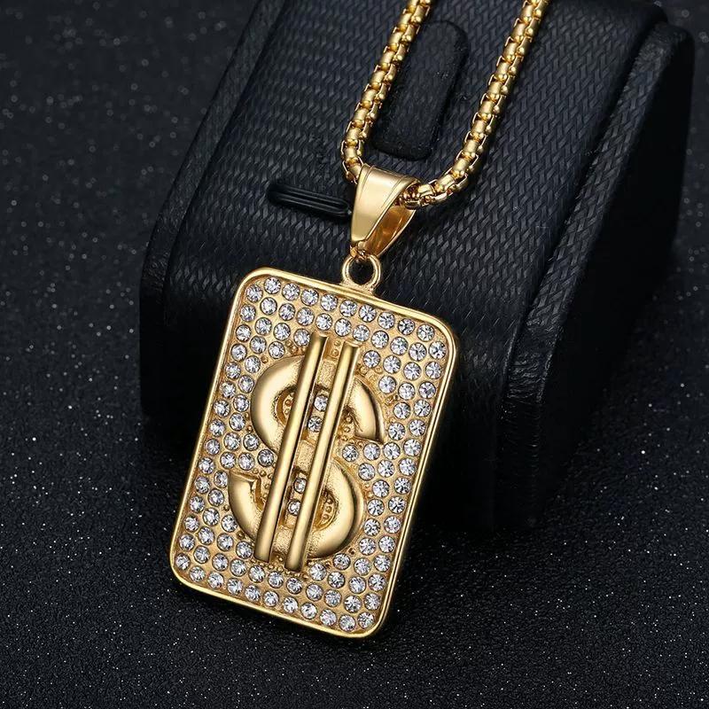 Hip Hop Iced Out Bling Dollarzeichen Anhänger Goldfarbe Edelstahl Rapper Geld Halskette Für Männer Frauen Hippie Schmuck Geschenk