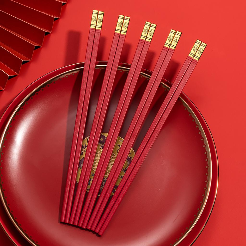 5Pairs Red Festival Chopsticks Set Anti Slip Sushi Chopstick Durable Chinese Style Alloy Chopsticks Easy To Clean Reusable