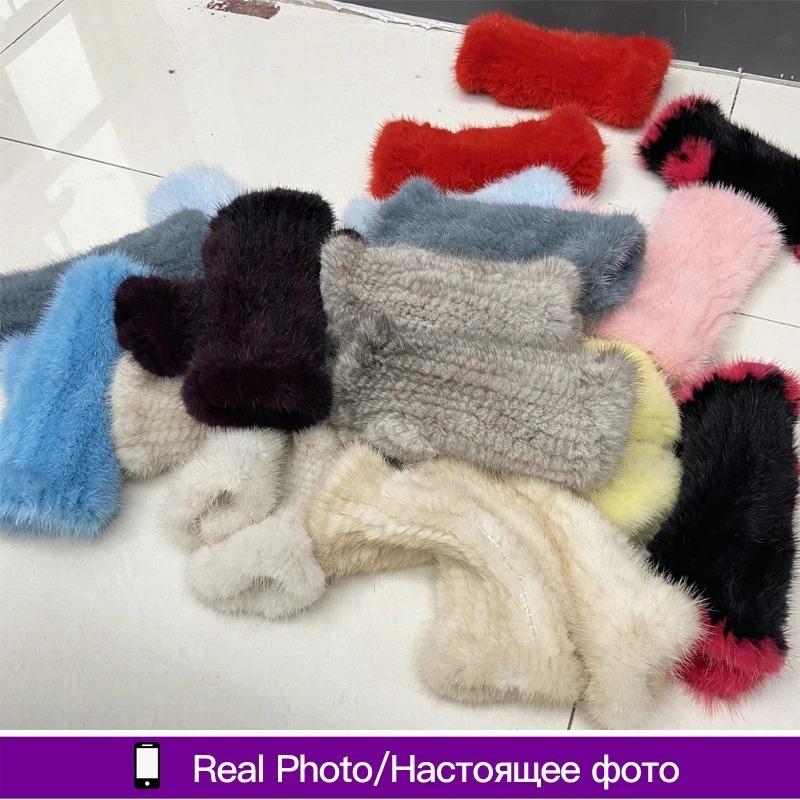 Winter Gloves for Women Natural Mink Fur Knitted Fingerless Solid Warm Elastic Gloves