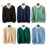Men Fall Winter Sweater Fake Two-piece Shirt Patchwork Turn-down Collar V Neck Long Sleeves Elastic Pure Color Slim Fit Warm Knitwear