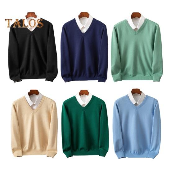 Men Fall Winter Sweater Fake Two-piece Shirt Patchwork Turn-down Collar V Neck Long Sleeves Elastic Pure Color Slim Fit Warm Knitwear