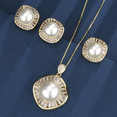 Popular Jewelry Copper Bottom Gold-Plated Inlaid Gold White Pearl Square Temperament Set Women 16-12Mm