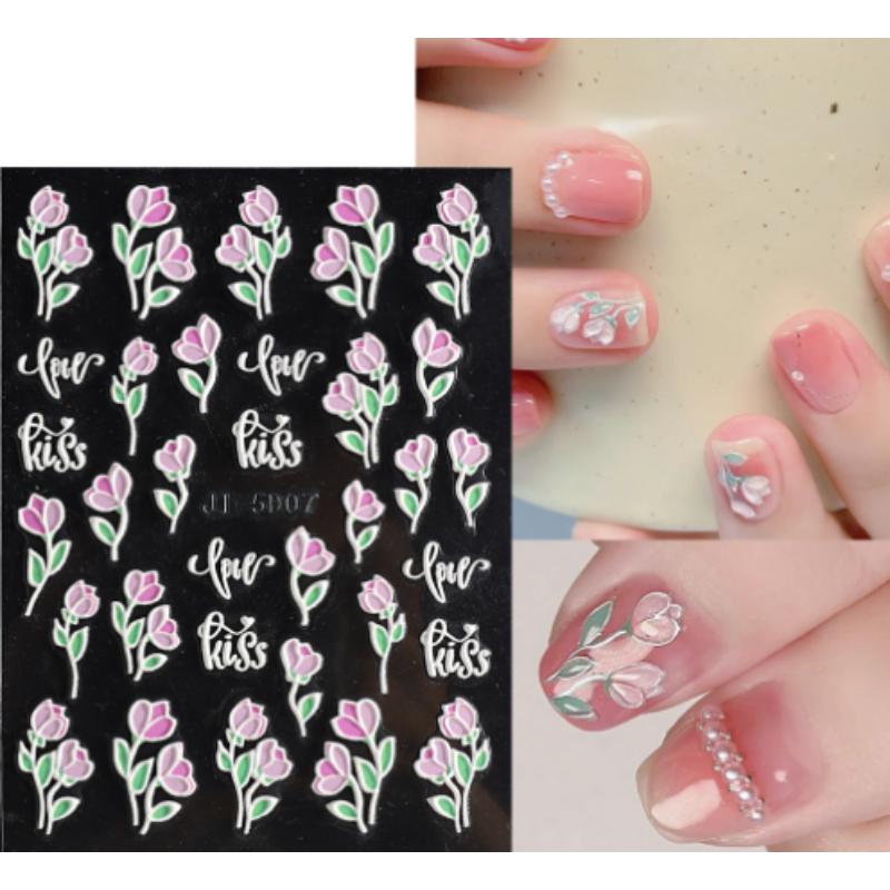 5D Nail Stickers Flowers Geometric Lines Decor Acrylic Embossed Sliders Gold Frame Nail Decals Cherry Blossom Manicure GLJI-5D05