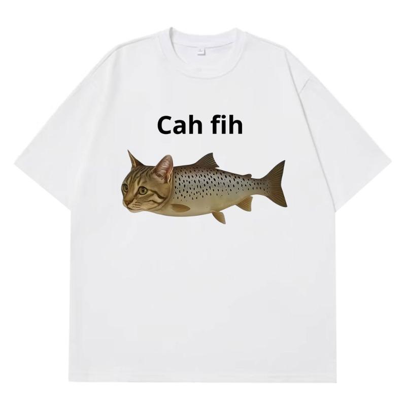 Cah Fih TShirt Fih Funny Mispelled Fish Meme T Shirt Cat and Fish Graphic Humor Tshirt Casual Short Sleeve Clothes Graphic Y2K