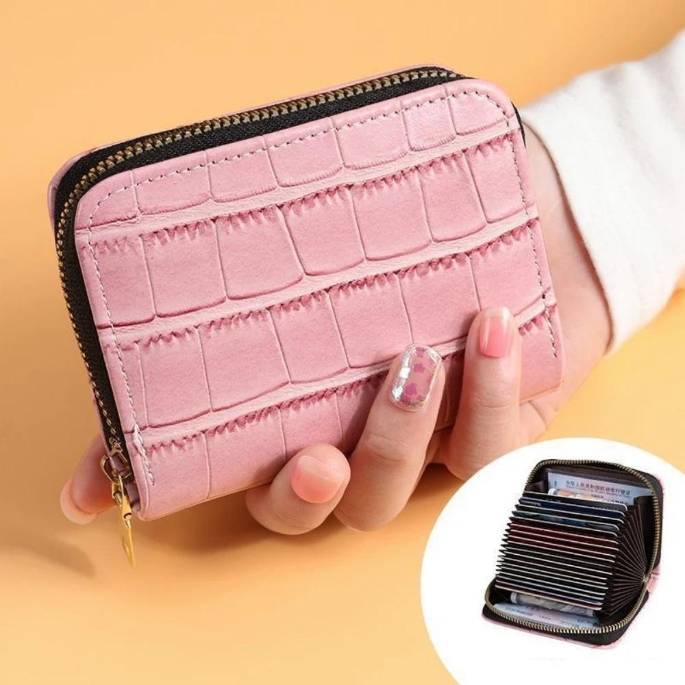 Vintage Mini Slim Card Holder with Zipper PU Zero Wallet Crocodile Pattern Multi Card Slots Thin Small Purse Driver License Case