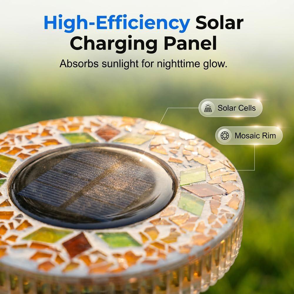 New Solar Outdoor Mosaic Round Disk Light Upgraded Waterproof Colored Glass LED Stake Light Garden Yard Decoration Auto-Sensing Color Change