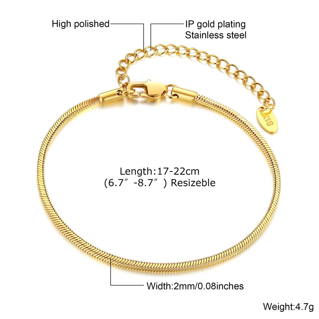 Classic Stainless Steel Snake Chain Bracelet for Women Gold Plated Blade Chain Bracelets Fashion Jewelry Christmas Gift
