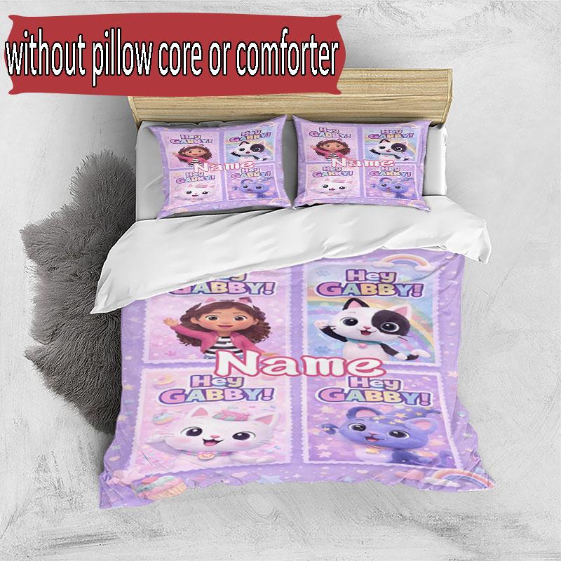 3pcs Duvet Cover Set (1*Duvet Cover + 2*Pillowcase, Without Core), Custom Name Gabby's Dollhouse Pattern Bedding Set, Home Bedroom Decor Gift