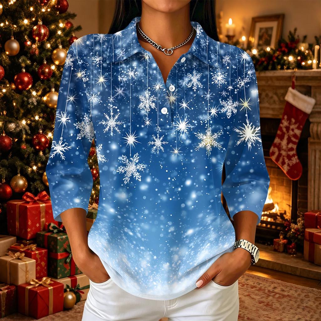 Damen Lässiges Weihnachts-Print Button-Down-Hemd, Dreiviertelarm-Kragenbluse für Feiertags-Outfits