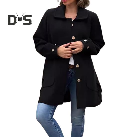 Осень-весна Женское пальто однобортное на пуговицах Свободный однотонный кардиган — фото 12