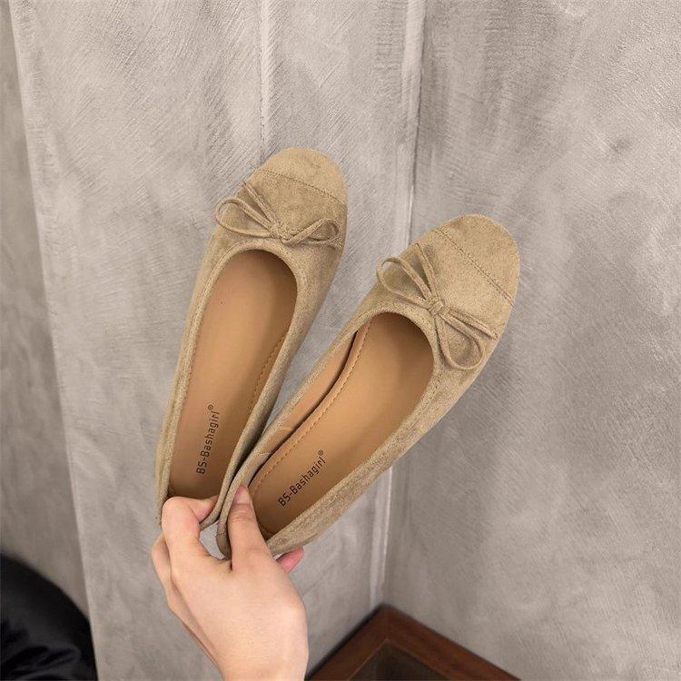 Soft leather version~ French retro round head bow light mouth single shoes women's autumn 2025 new suede ballet shoes