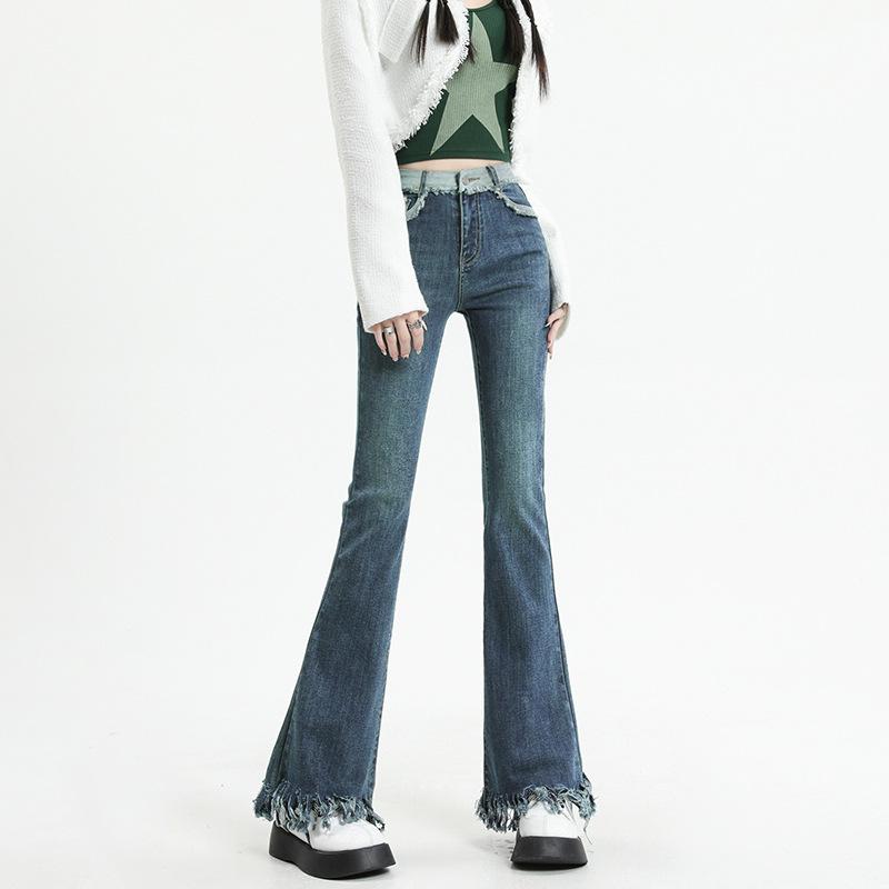 Retro Blue Micro-flared Jeans Women's Early Spring New High-waisted and Thin Fringed Pants, Flared Pants