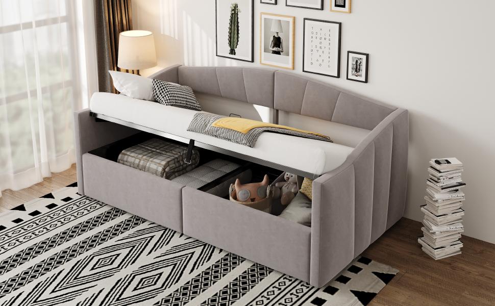 Upholstered Bed Sofa Bed 90*200 Cm, With Hydraulic Storage, With Slatted Frame and Armrests, Classic Striped, Single Bed, Velvet Fabric, Light Grey