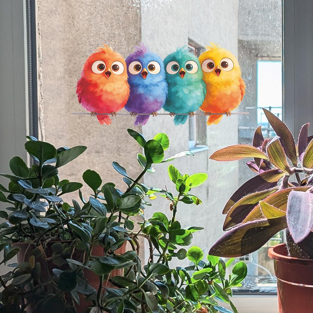 Cartoon Painted Bird Static Cling Window Sticker Outdoor Balcony Glass Removable UV Resistant Self-Adhesive Home Decor Art