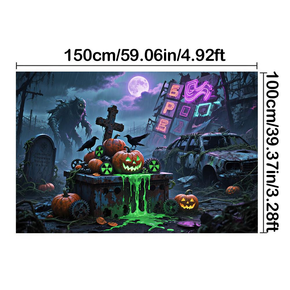 

Кладбище, Джек-о -Лантерн, Ворона, Дизайн руин - Хэллоуинская фоновая ткань для фотобудки, вечеринок в помещении/на открытом воздухе, тематического мероприятия 150*100cm/59*39in/5*3ft