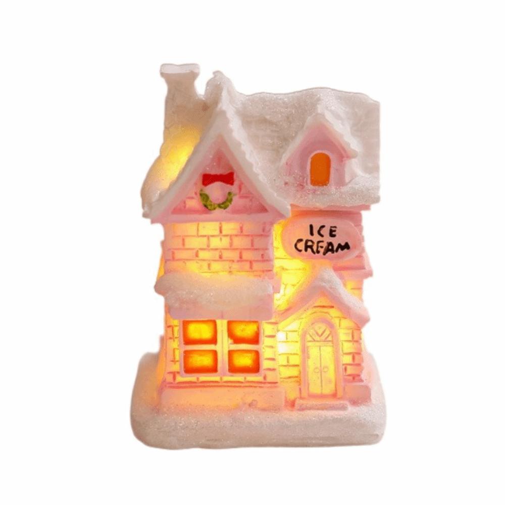 Resin Christmas Glowing Small House Luminous Pink Christmas House Ornament Elegant Cute LED Light Snow House Home Xmas Decor