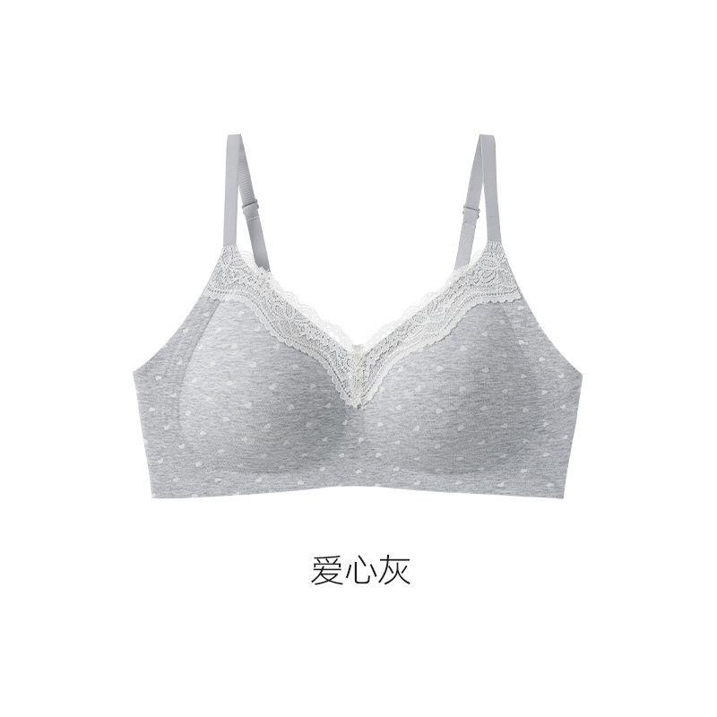 Sweet and Pure Girl Print Lace Edge Pure Cotton Underwear Women's No Steel Ring Anti-sagging Small Chest Gathering Thin Bra