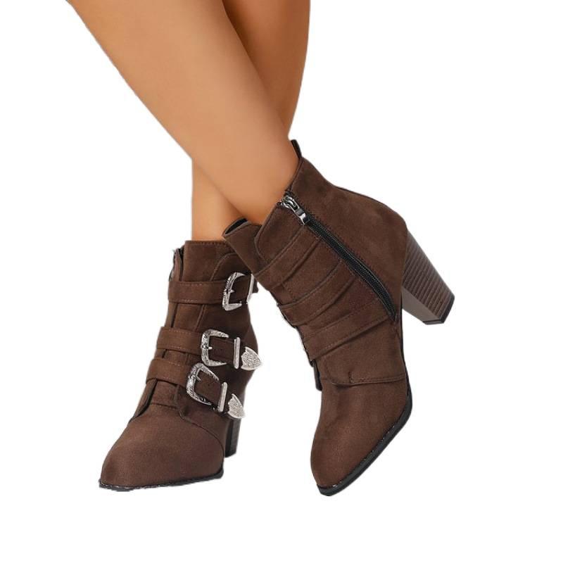 Women'S Chunky Heel Ankle Boots with Rhinestone Buckle Straps  Round Toe Zipper Closure Faux Cover Sole Stylish High Heel Boots