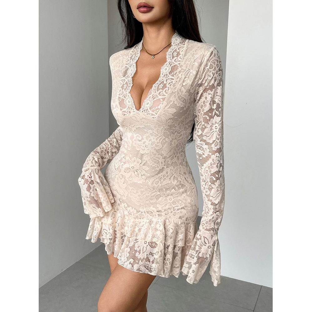 

Женское мини-платье Y2k с цветочным кружевом, сексуальным глубоким V-образным вырезом, длинными рукавами и многослойным мини с оборками по подолу 2XL абрикосовый