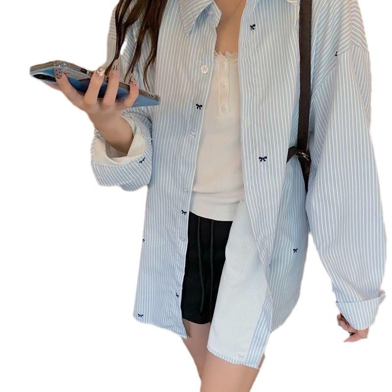 

Женская рубашка с длинным рукавом с принтом синего полосатого банта, нишевая свободная рубашка с чувством дизайна, универсальный топ, трендовый S синий