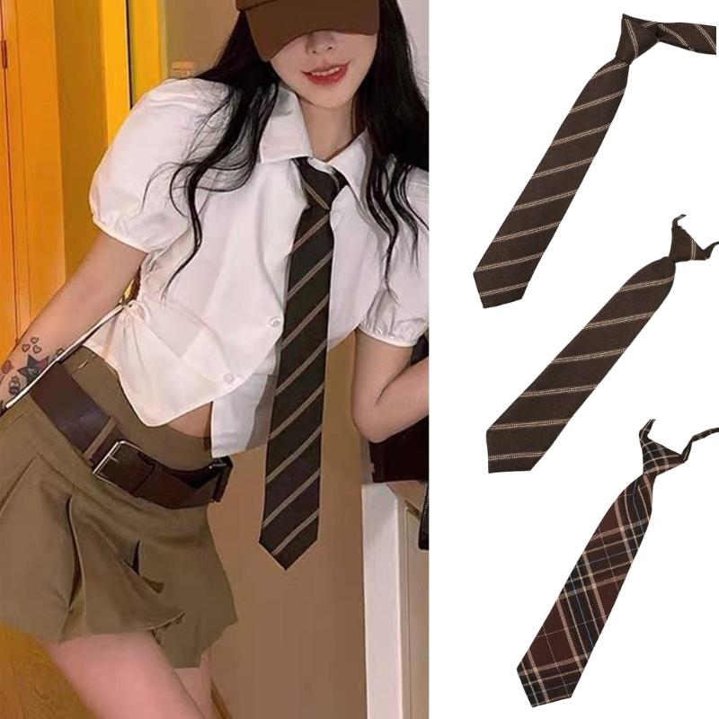 Brown Checkered Striped Neck Tie Pre-Tied Bowtie for Japanese JK School Uniform