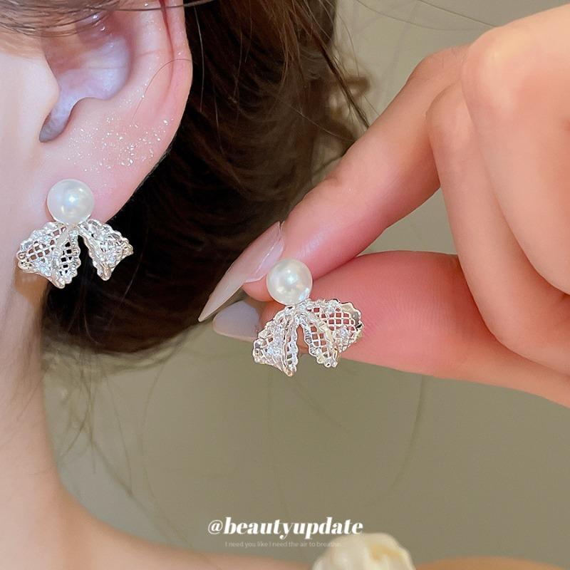 K real gold electroplated lace bow zircon pearl stud earrings women French design earrings temperament earrings women