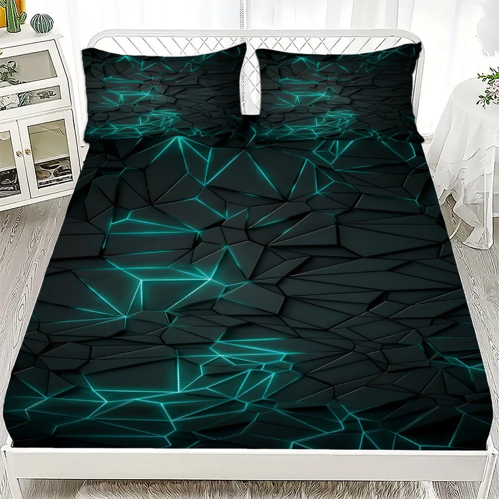 3pcs Fitted Sheet Set Visual Geometry Dizziness Print 100% Polyester Breathable Bedding Set for Home Decor with 2 Pillowcases