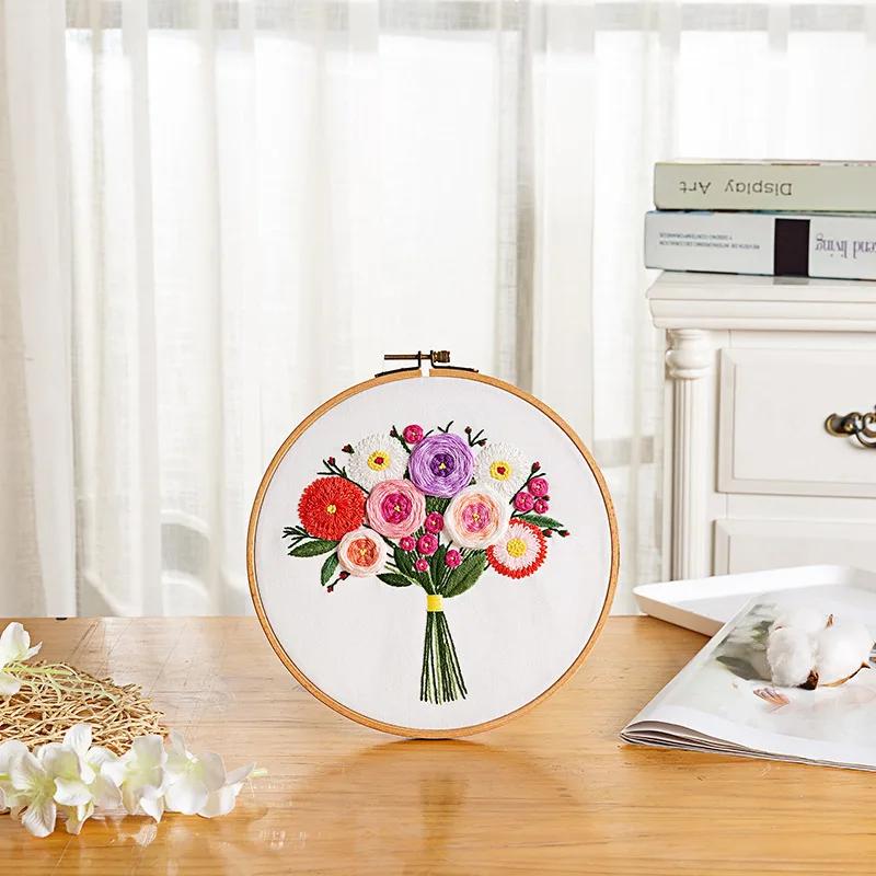DIY Flowers Plants Pattern Embroidery Set Needlework Tools, Printed Beginner Embroidery Round Cross Stitch Kit Sewing Craft Kit