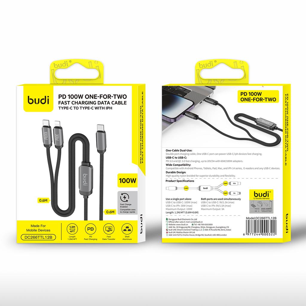 BUDI DC266TTL12B 1.2m 2 in 1 USB C to USB C/iP Cable 100W Fast Charging Data Sync Braided Cord