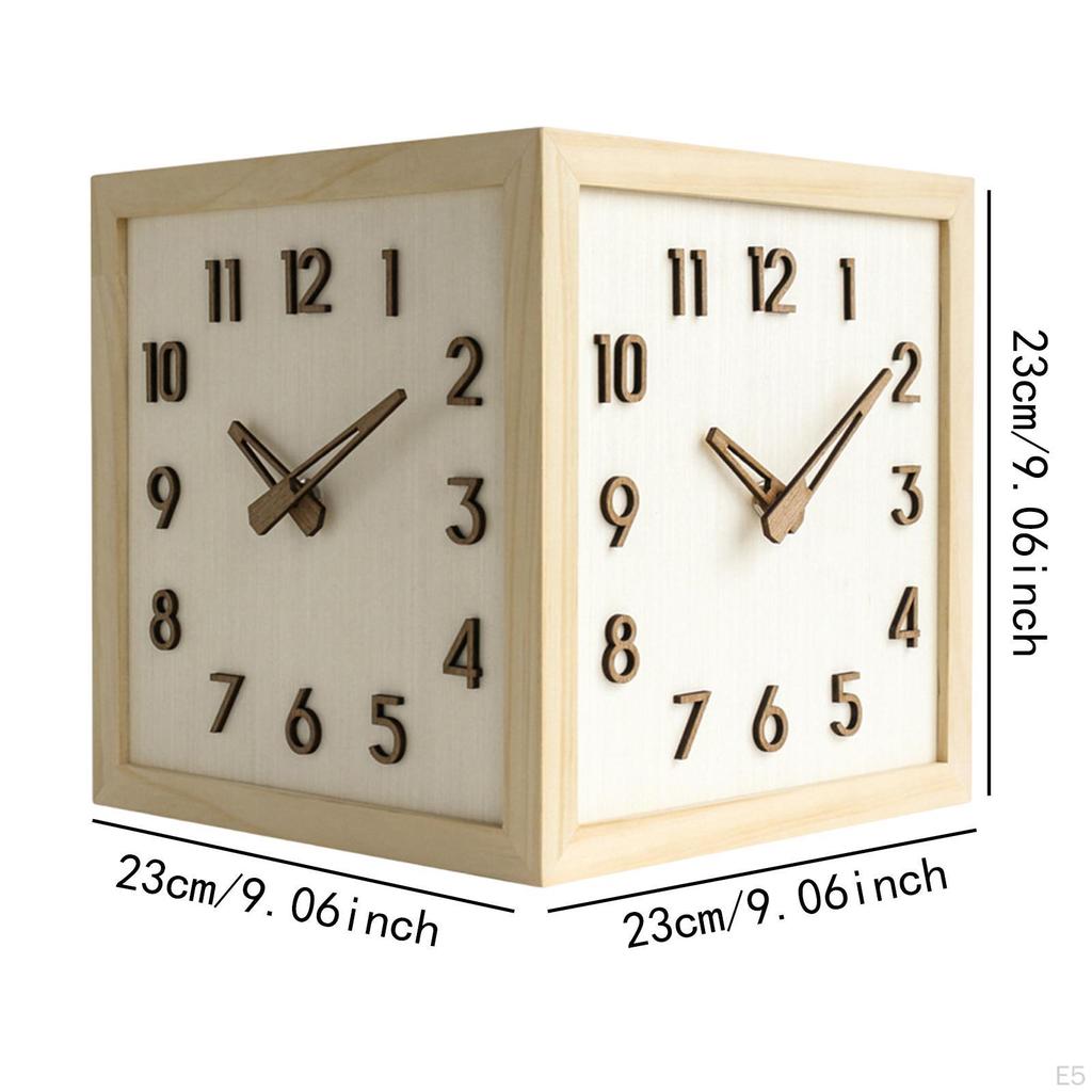 Sided Corner Wall Clock Decorative 9x9inch Solid Wood for Hallway, Bar Multifunctional Stylish