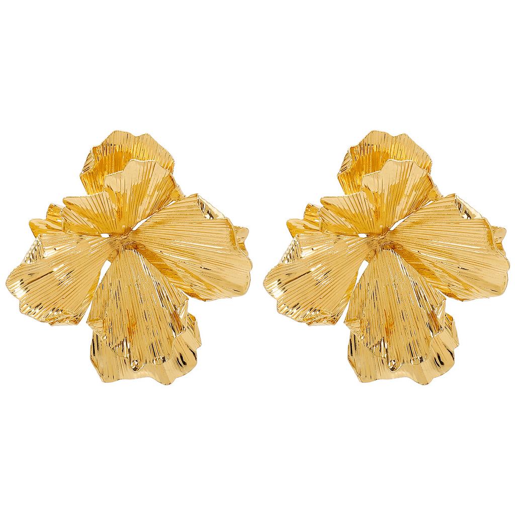 Women European American Fashion 3D Flower Stud Earrings Senior Sense Metal Stripe Ear Jewelry For Women