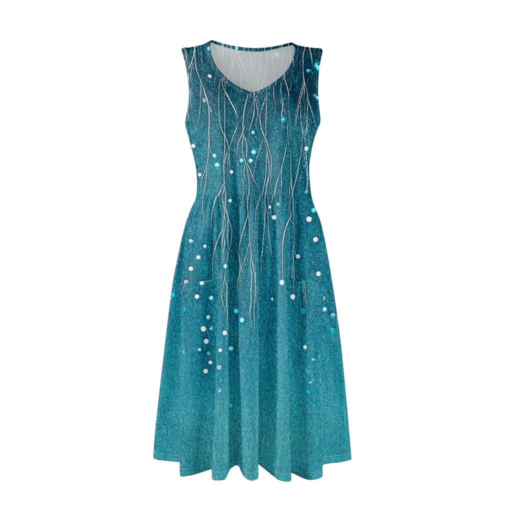 Sommerliche lässige Midi-Kleider für Damen Urlaub Elastische Taille Ärmellos Knielang Sommerkleid mit Taschen Lockere Passform
