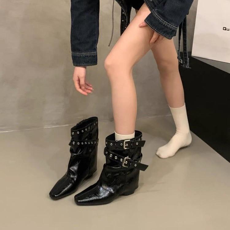 inner height increase cm trouser tube Martin boots women's boots autumn and winter new thin stacking boots with skirt black short boots