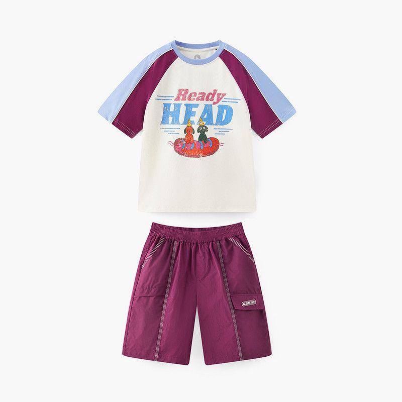 and Quick-Drying] Mqd Children s Clothing Boys  Short-Sleeved T-Shirt Summer New Style Children s Raglan Sleeve Short-Sleeved T-Shirt Off-White + Purple 110