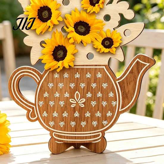 Teapot Shaped Ornament Wooden Shape Flower Holder, Natural Wood Floral Display Stand, DIY Log Decoration Blank Vase Decor for Artificial Arrangement,