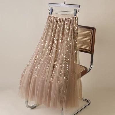 Saia Feminina de Tule Francês com Lantejoulas Primavera/Outono Cintura Alta Corte em A com Silhueta Fluida Caimento Favorecedor com Barra Larga