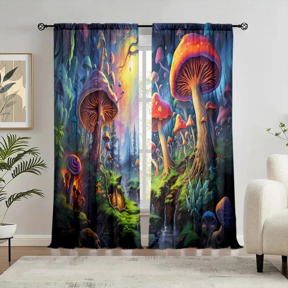 2pcs Magic Mushroom Printed Curtain for Home Decor - Rod Pocket Window Treatment for Bedroom, Office, Kitchen and Living Room