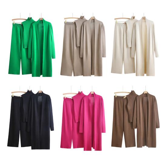 Women's Piece Cardigan Knit Lounge Set 3 Elastic Waist Wide Leg