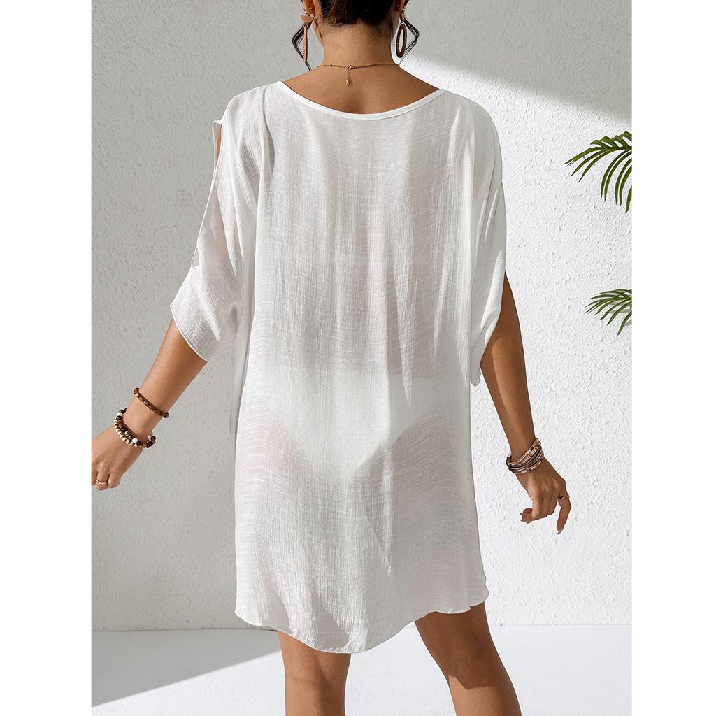 Pure Color V-Neck Lightweight Transparent Loose Dress Beach Casual Comfort Sun Protection Cover Up Fashion Beachwear