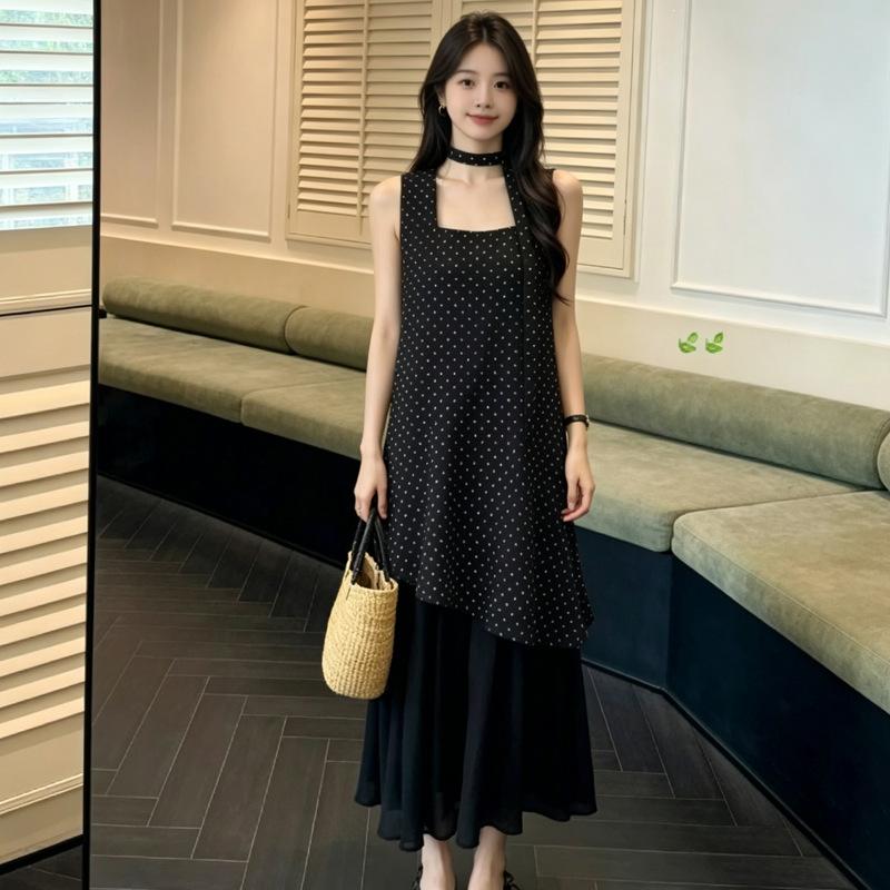 French Polka Dot Mesh Splicing Suspender Dress Women's Summer 2026 New High-end Temperament Thin Dress