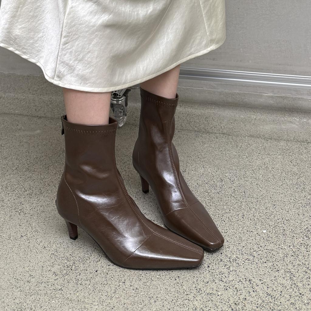 2025 short boots women's thin boots autumn and winter new leather square head rear zipper thin heel high heel short boots women's single boots