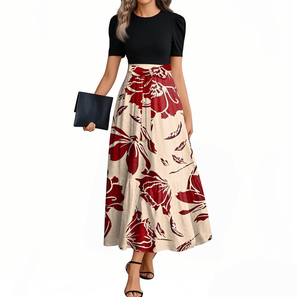 Women's Floral Print High Waist Fashionable And Elegant Dress