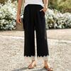 Women High Waist Loose Fit Cotton Linen Pants with Elastic Waistband and Pockets Casual Wide Leg Trousers Embroidered Hem