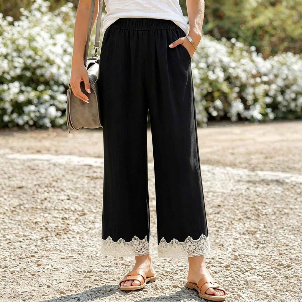 Women High Waist Loose Fit Cotton Linen Pants with Elastic Waistband and Pockets Casual Wide Leg Trousers Embroidered Hem