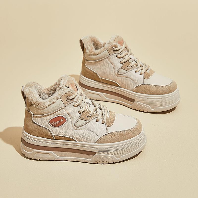 Winter-Plateau-Schneestiefel für Damen, mit Kunstfell gefüttert, kurze Booties, Schnürschuhe, Wanderschuhe, bequeme Damen-Sneakers aus PU-Leder, rutschfest, warm, Stiefeletten