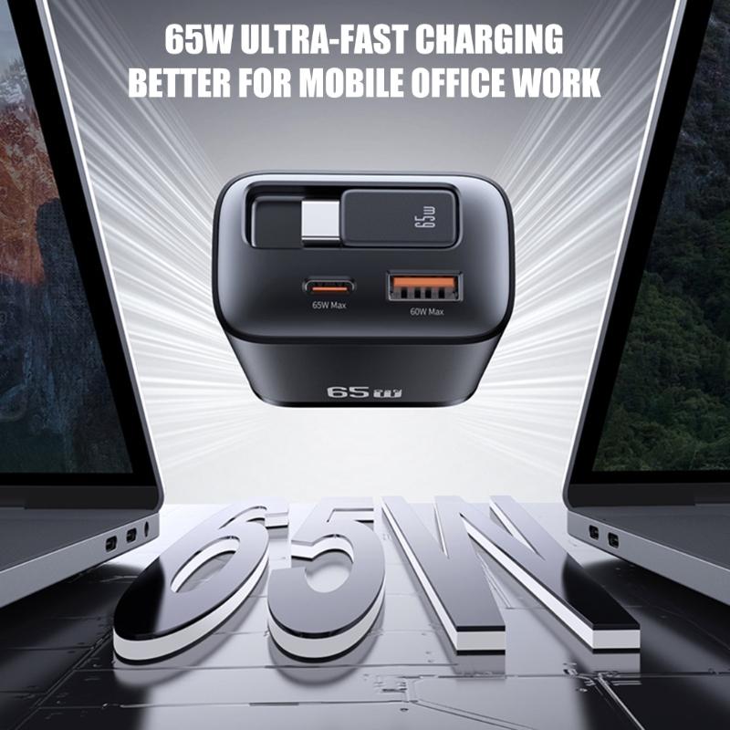 65W Chargers Featuring Retractable Cable Design For High Speed PD Charging Of Smartphones And Laptops