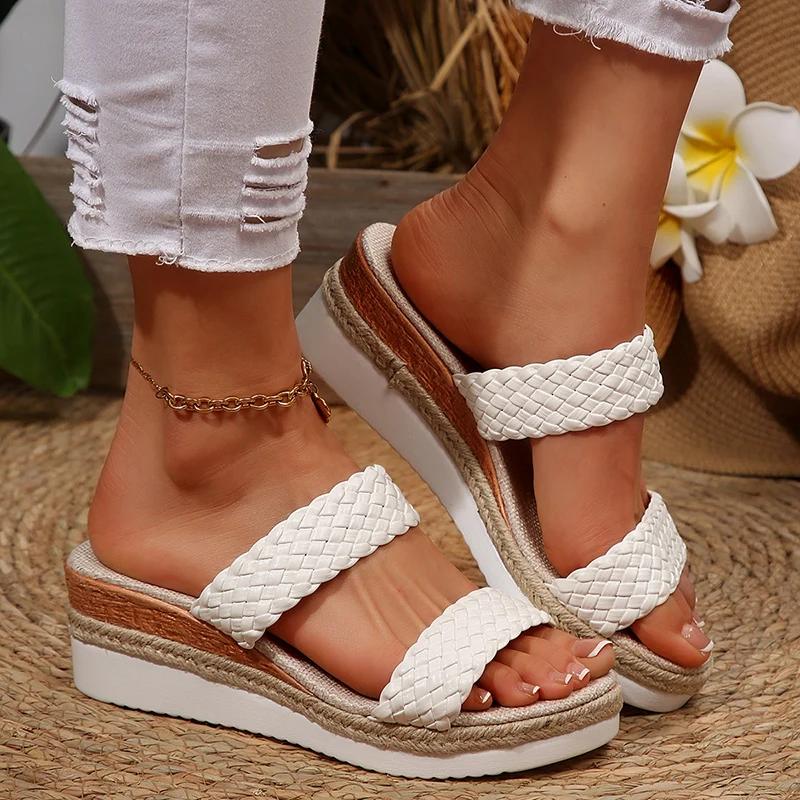 Fashion PU Leather Woven Wedge Sandals for Women 2025 Summer Fashion Platform Slippers Woman Casual Comfortable Outdoor Beach Sandalias