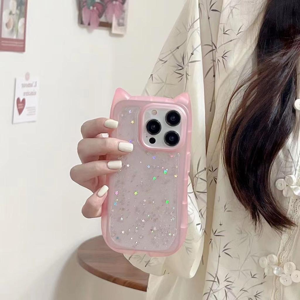 Funda Rígida Transparente con Purpurina con Parachoques Acrílico y Orejas de Gato para iPhone 15 14 13 12 11 Pro Max Plus Cubierta Trasera a Prueba de Golpes