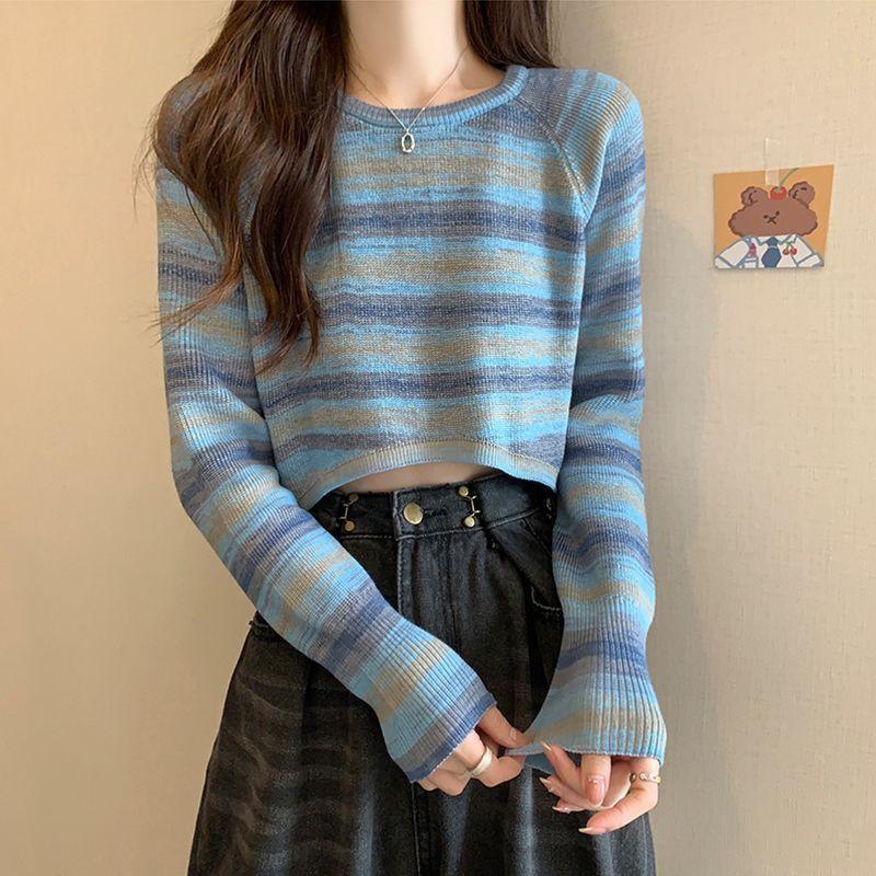 French Retro Designed Striped Knit Top Women's Spring Autumn Irregular Loose Short Long Sleeve Top
