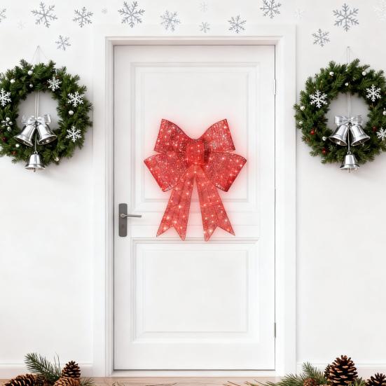 LED Christmas Bow Decoration Outdoor Holiday Yard Decor with Red Lights Timer-controlled Holiday Bow Lights